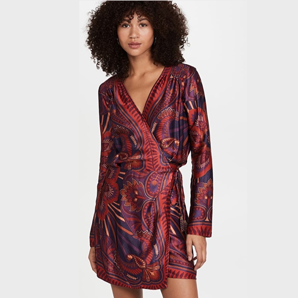 Farm Rio Macaw Arabesque Mini Dres Silky Wrap Tie Red Bird Pattern Beach Tropic